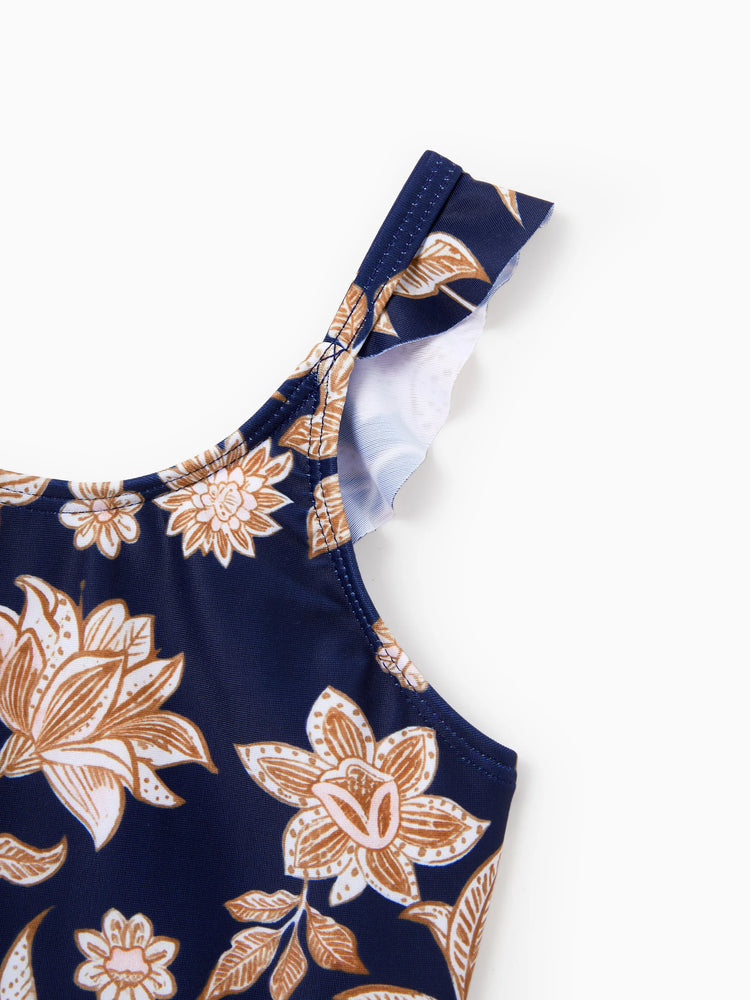 Toddler Girl Floral Print Swimsuits 2-in-1 One-Piece Swimsuit Deep Blue