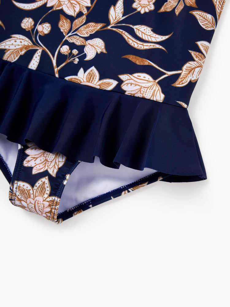 Family Matching Floral Print Swimsuits 2-in-1 One-Piece Swimsuit & Swim Trunks  Deep Blue