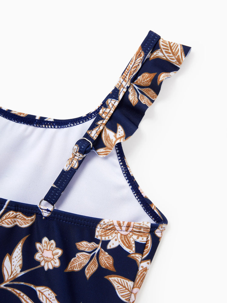 Family Matching Floral Print Swimsuits 2-in-1 One-Piece Swimsuit & Swim Trunks  Deep Blue