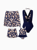 Family Matching Floral Print Swimsuits 2-in-1 One-Piece Swimsuit & Swim Trunks  Deep Blue