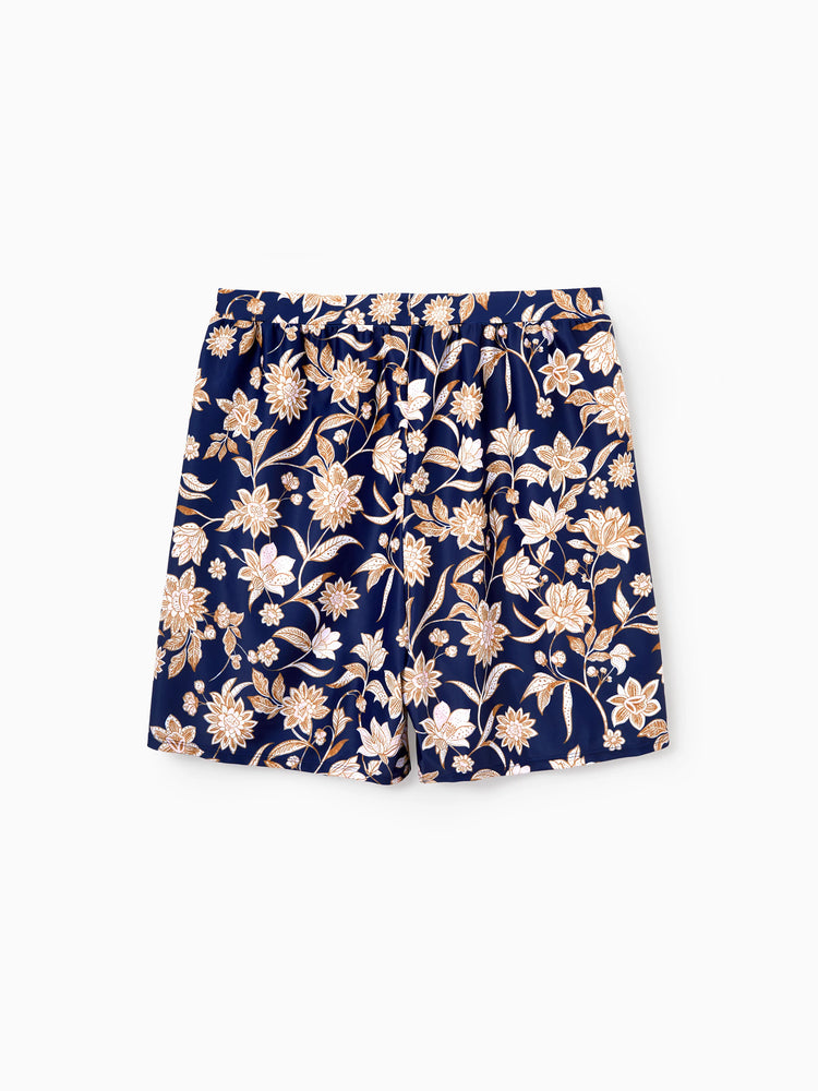Daddy & Son Floral Print Swimsuits 2-in-1 One-Piece Swimsuit & Swim Trunks Deep Blue