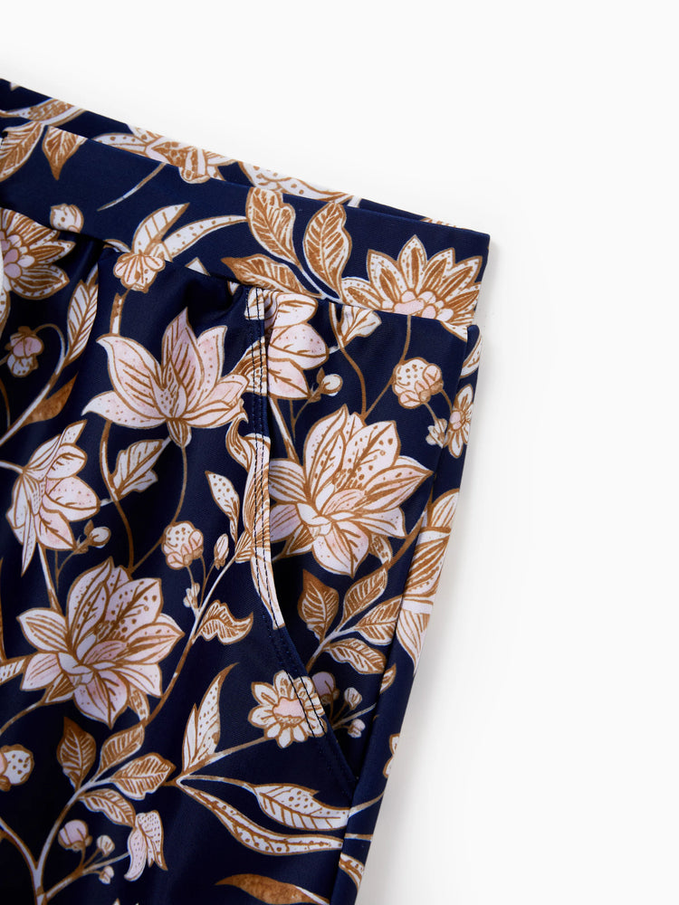 Daddy & Son Floral Print Swimsuits 2-in-1 One-Piece Swimsuit & Swim Trunks Deep Blue