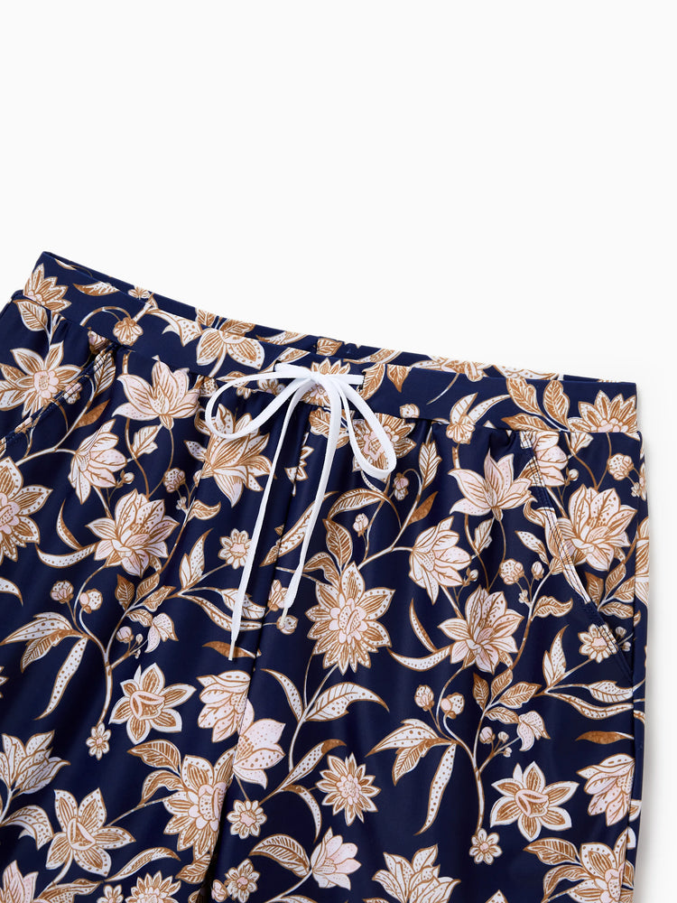 Daddy & Son Floral Print Swimsuits 2-in-1 One-Piece Swimsuit & Swim Trunks Deep Blue