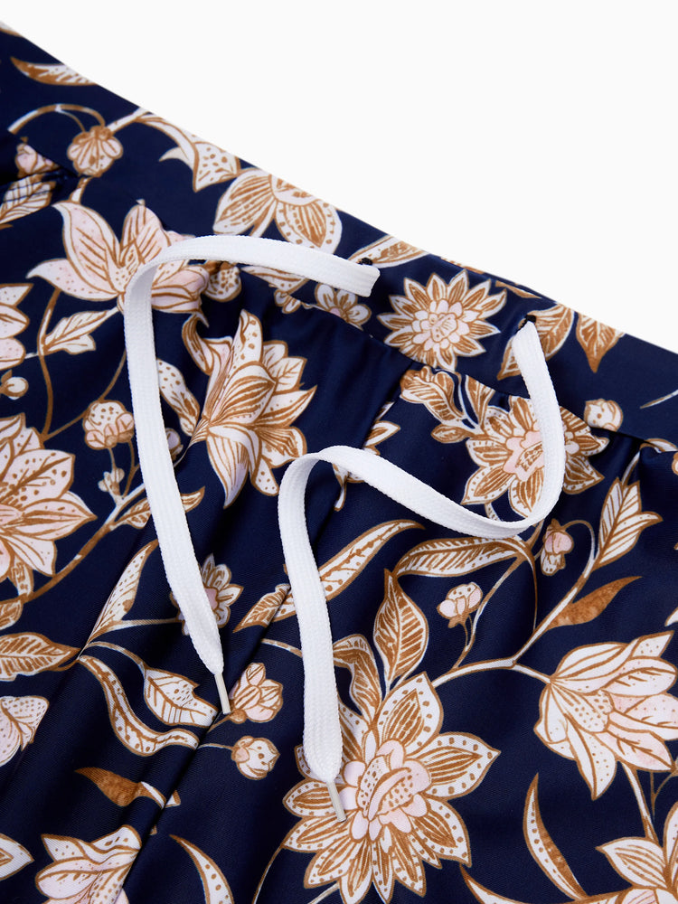 Daddy & Son Floral Print Swimsuits 2-in-1 One-Piece Swimsuit & Swim Trunks Deep Blue