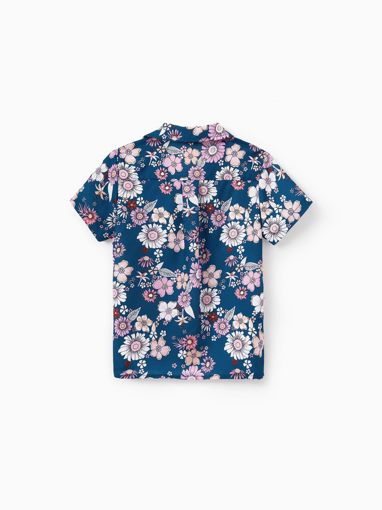 Mommy & me outfits Floral Allover Print Short-sleeve Collar Shirt or Halter Sleeveless Dress for Summer Vacation CYAN-