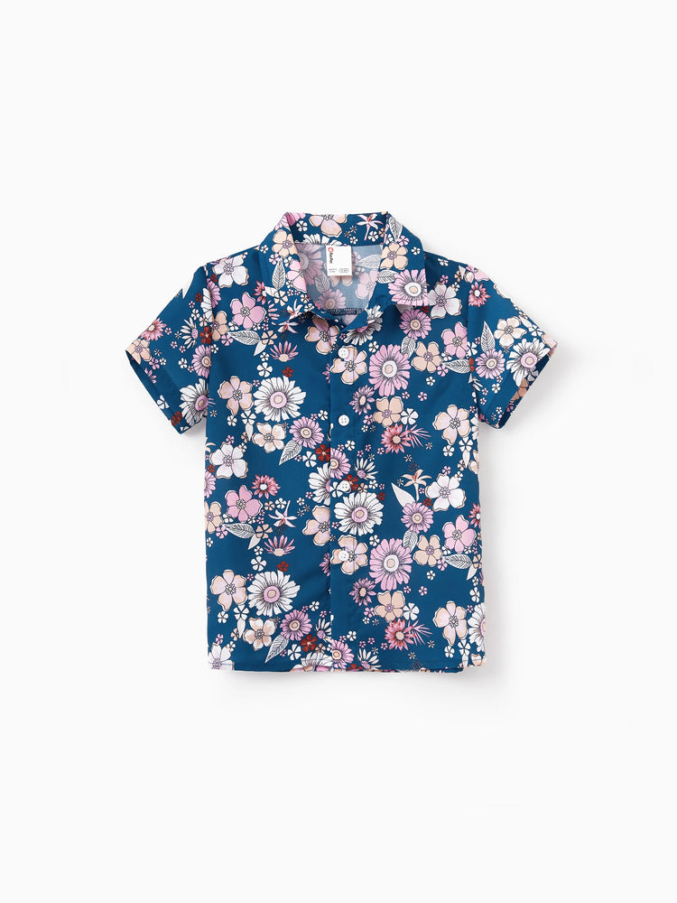 Mommy & me outfits Floral Allover Print Short-sleeve Collar Shirt or Halter Sleeveless Dress for Summer Vacation CYAN-