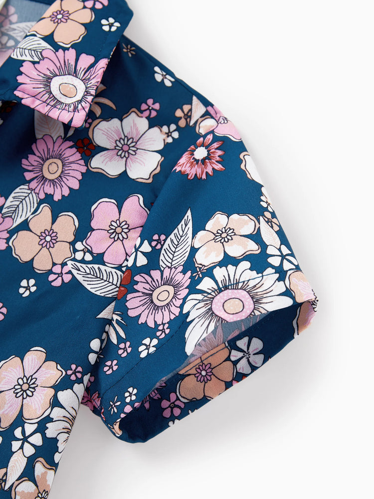 Mommy & me outfits Floral Allover Print Short-sleeve Collar Shirt or Halter Sleeveless Dress for Summer Vacation CYAN-