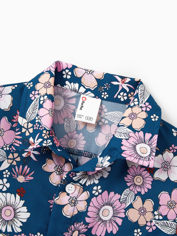 Mommy & me outfits Floral Allover Print Short-sleeve Collar Shirt or Halter Sleeveless Dress for Summer Vacation CYAN-