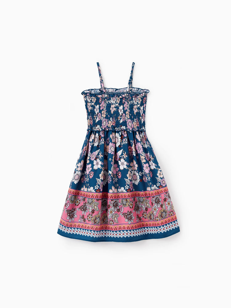 Daddy & Daughter outfits Floral Allover Print Short-sleeve Collar Shirt or Halter Sleeveless Dress for Summer Vacation CYAN-
