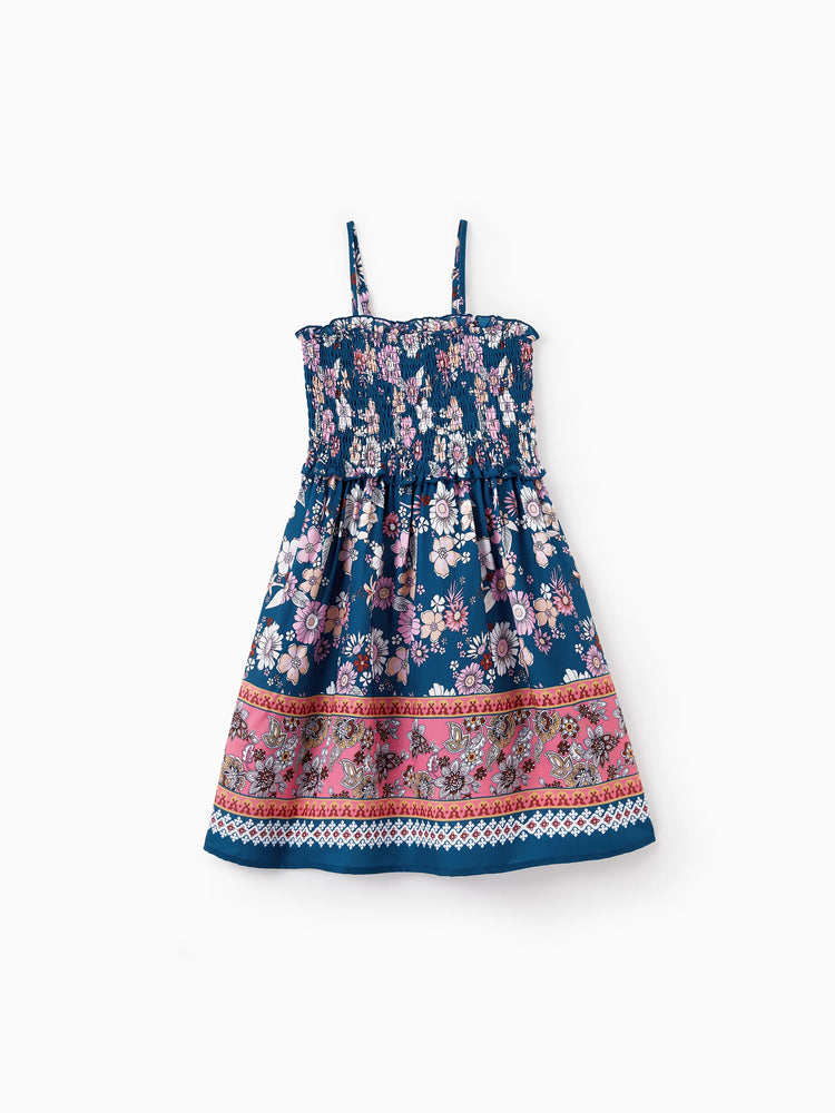 Daddy & Daughter outfits Floral Allover Print Short-sleeve Collar Shirt or Halter Sleeveless Dress for Summer Vacation CYAN-