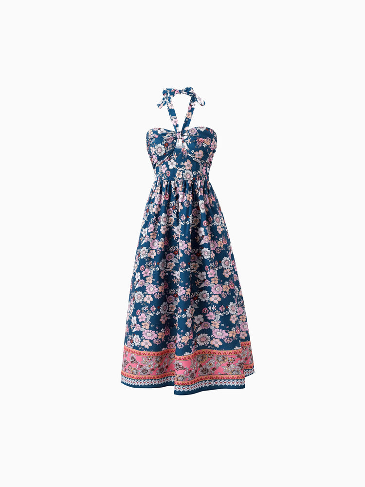 Mommy & me outfits Floral Allover Print Short-sleeve Collar Shirt or Halter Sleeveless Dress for Summer Vacation CYAN-