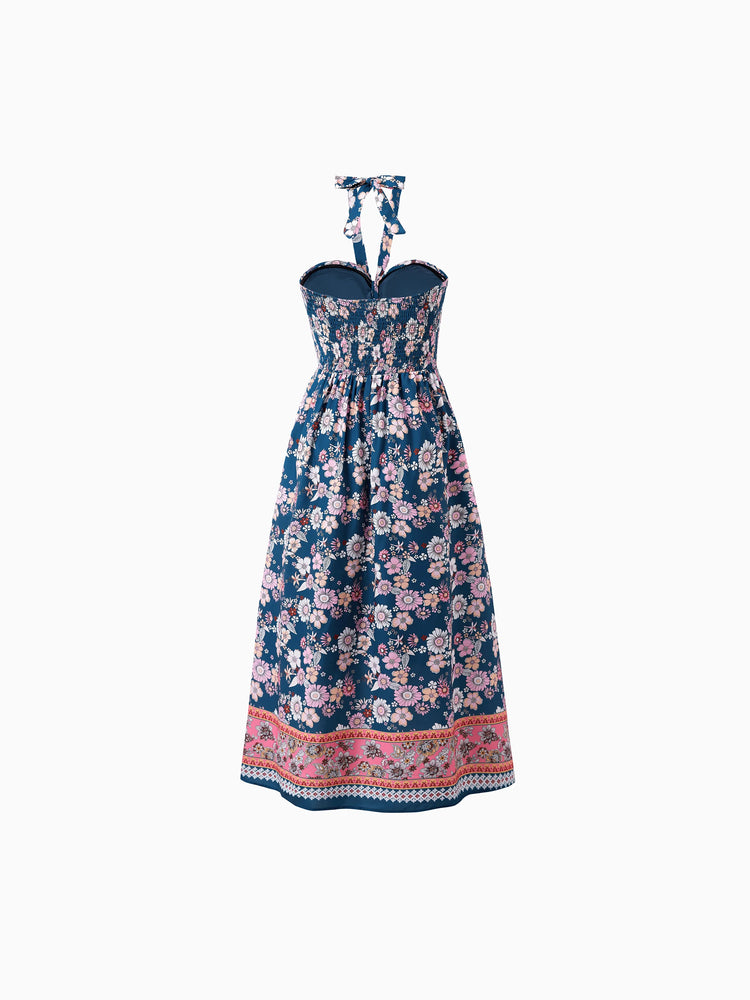 Mommy & me outfits Floral Allover Print Short-sleeve Collar Shirt or Halter Sleeveless Dress for Summer Vacation CYAN-