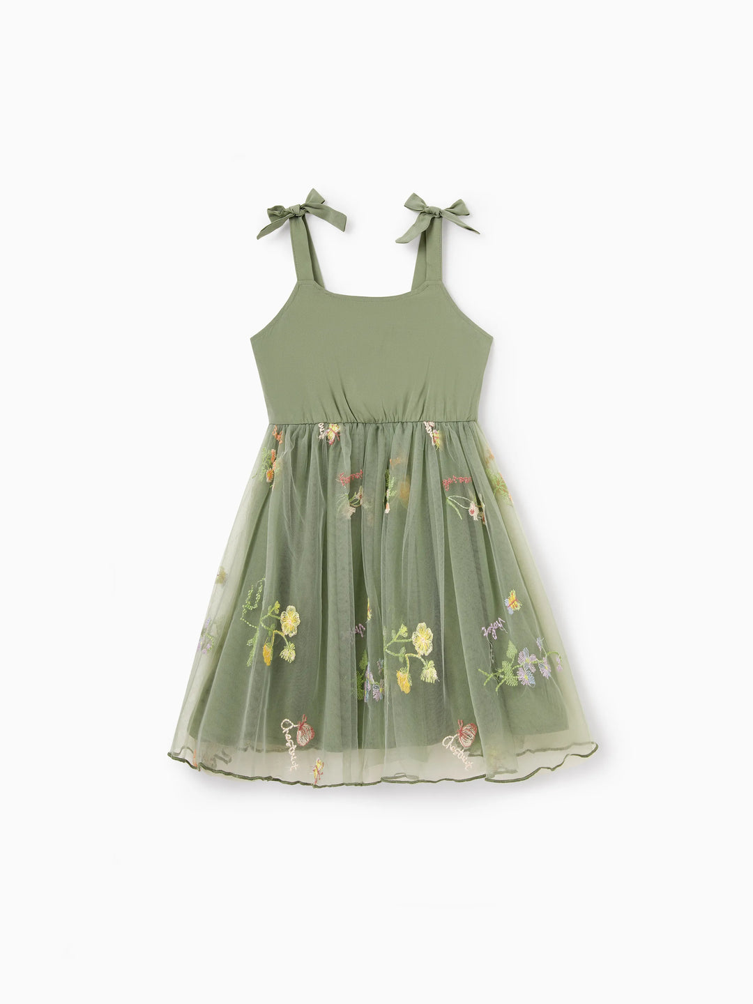 Vestido de malla con tirantes y bordado floral con cuello en V para niña pequeña/niña verde