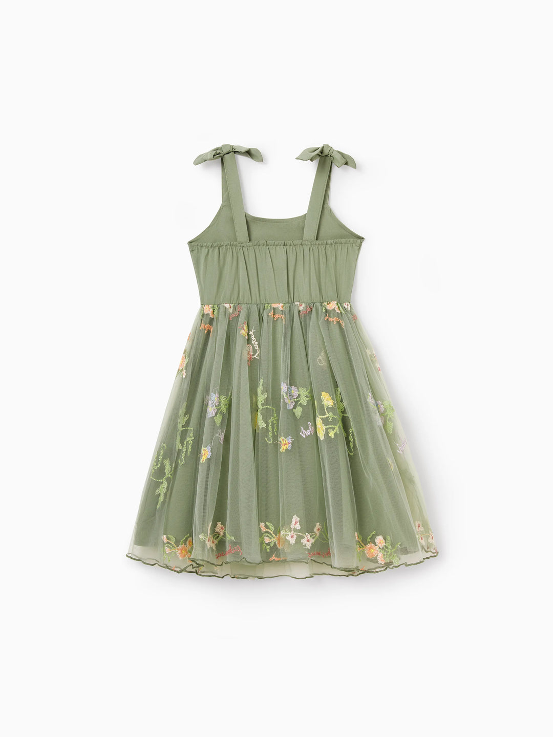 Vestido de malla con tirantes y bordado floral con cuello en V para niña pequeña/niña verde