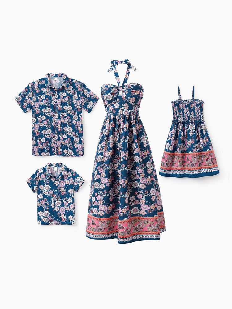 Mommy & me outfits Floral Allover Print Short-sleeve Collar Shirt or Halter Sleeveless Dress for Summer Vacation CYAN-