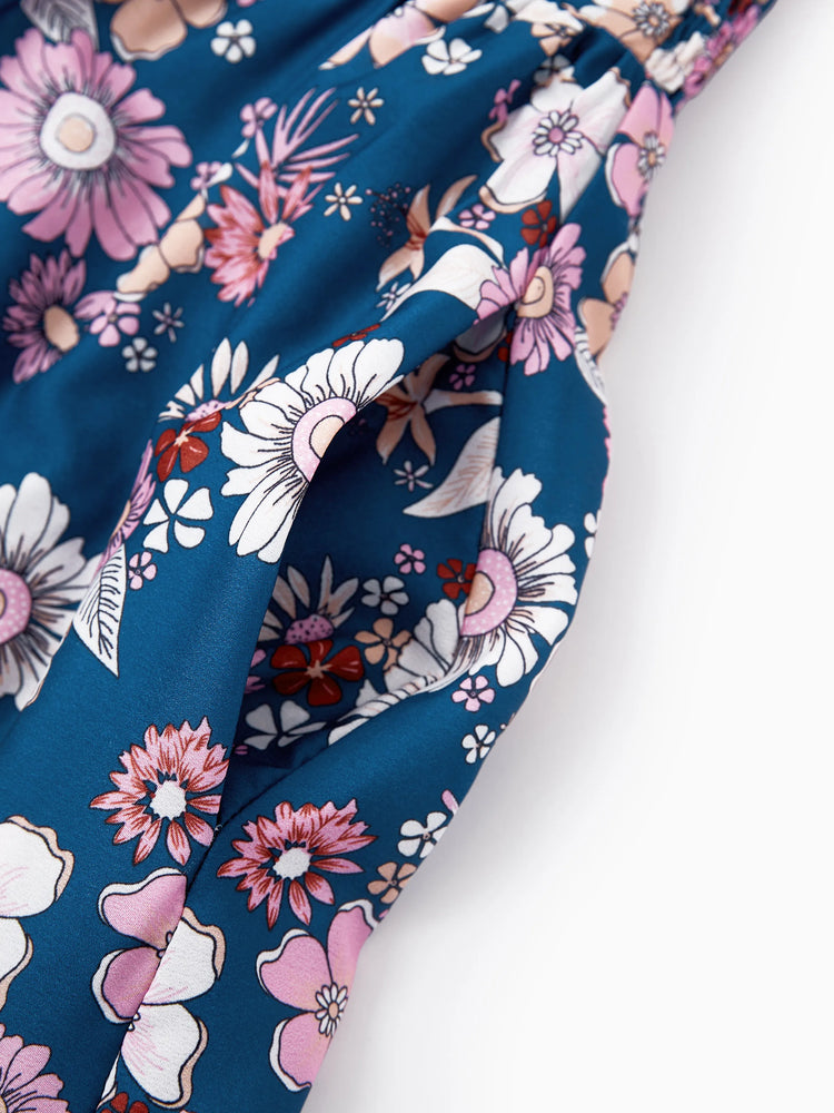 Mommy & me outfits Floral Allover Print Short-sleeve Collar Shirt or Halter Sleeveless Dress for Summer Vacation CYAN-
