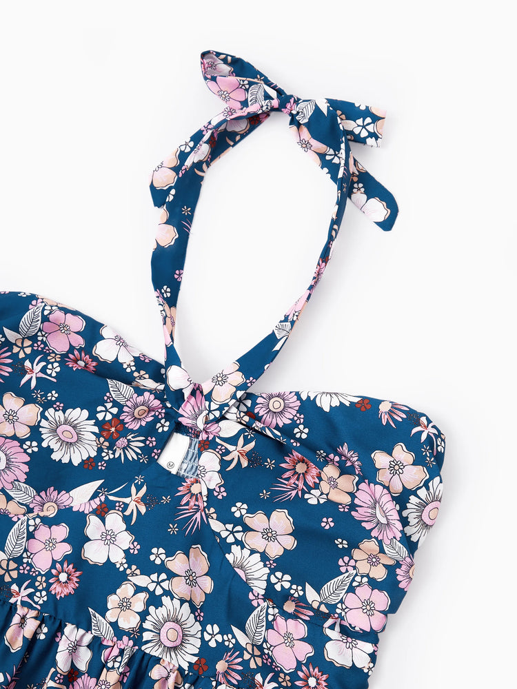 Mommy & me outfits Floral Allover Print Short-sleeve Collar Shirt or Halter Sleeveless Dress for Summer Vacation CYAN-