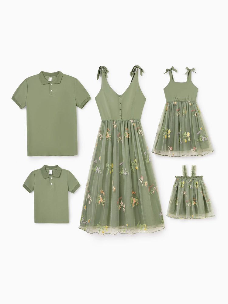 Mama & ich Polo-Kragen Kurzarm-Hemd oder V-Ausschnitt Träger-Mesh-Kleid Grün