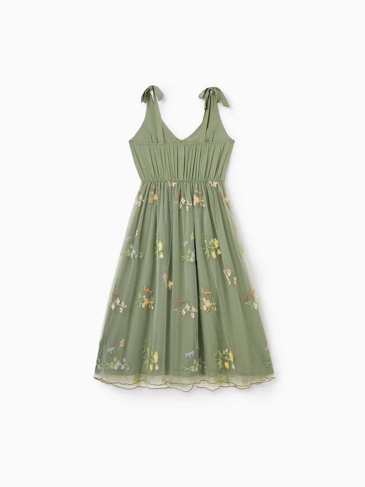 Family Matching Polo Collar Short-sleeve Shirt or V-neck Strappy Mesh Dress  Green