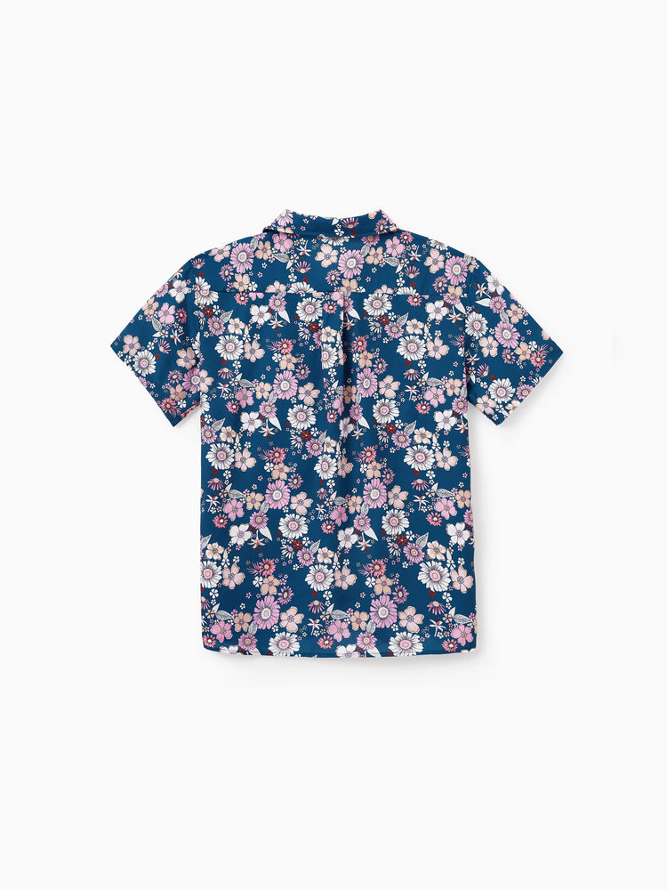 Daddy & Daughter outfits Floral Allover Print Short-sleeve Collar Shirt or Halter Sleeveless Dress for Summer Vacation CYAN-