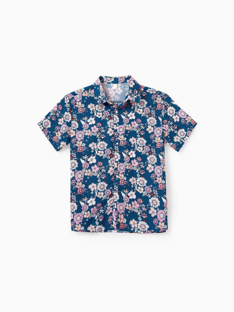 Daddy & Daughter outfits Floral Allover Print Short-sleeve Collar Shirt or Halter Sleeveless Dress for Summer Vacation CYAN-
