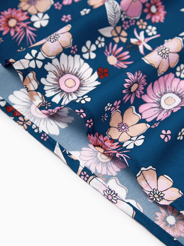 Daddy & Daughter outfits Floral Allover Print Short-sleeve Collar Shirt or Halter Sleeveless Dress for Summer Vacation CYAN-