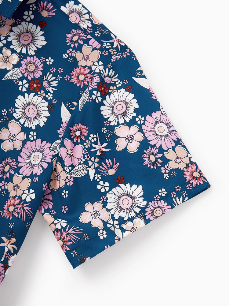 Daddy & Daughter outfits Floral Allover Print Short-sleeve Collar Shirt or Halter Sleeveless Dress for Summer Vacation CYAN-