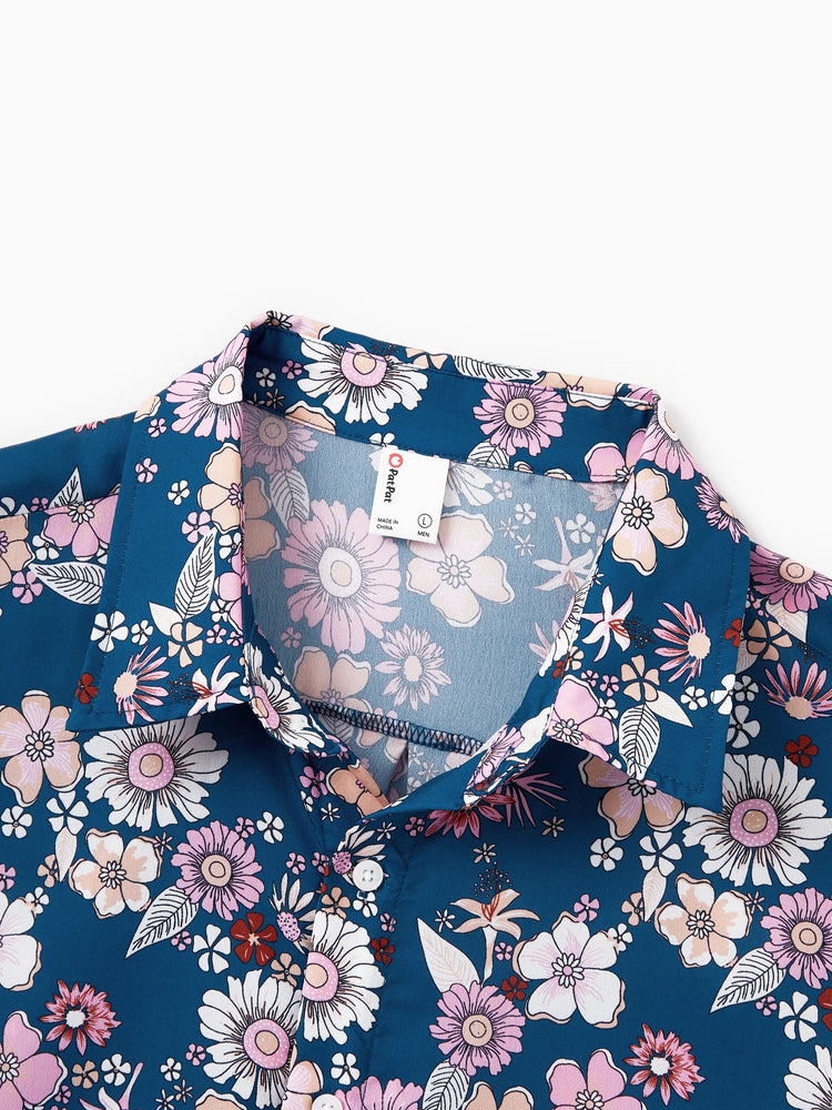 Daddy & Daughter outfits Floral Allover Print Short-sleeve Collar Shirt or Halter Sleeveless Dress for Summer Vacation CYAN-