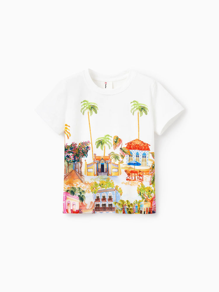 Mommy & me Vacation Set Tropical Pineapple Coconut Tree Print Short-sleeve T-shirt or Hollow out Strap Dress for Summer Vacation White
