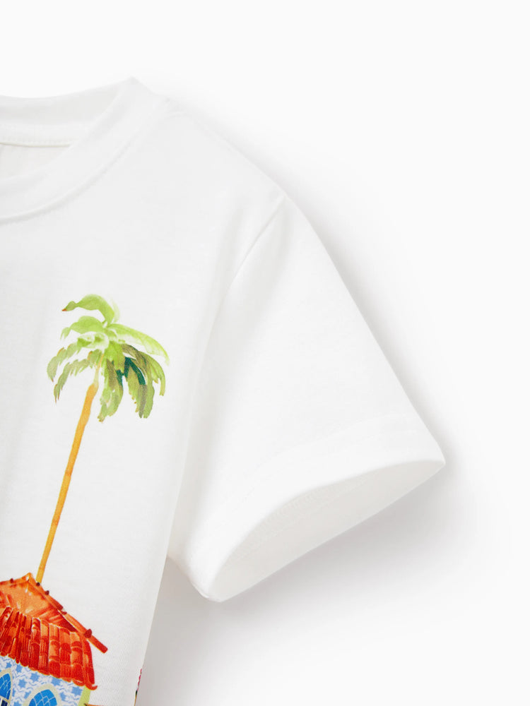Mommy & me Vacation Set Tropical Pineapple Coconut Tree Print Short-sleeve T-shirt or Hollow out Strap Dress for Summer Vacation White