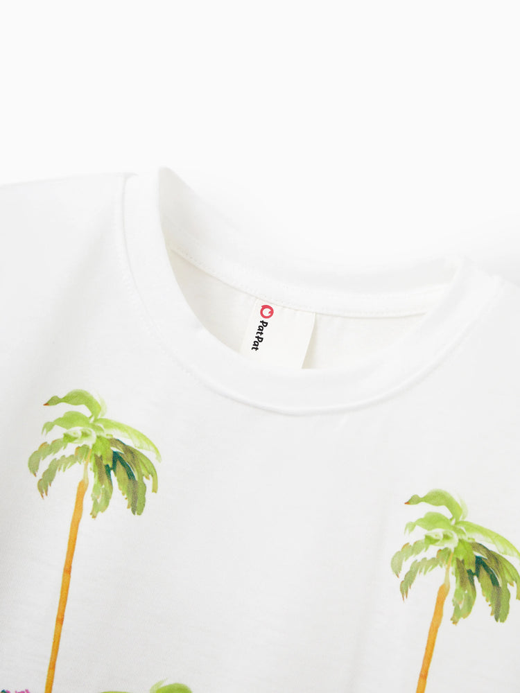 Mommy & me Vacation Set Tropical Pineapple Coconut Tree Print Short-sleeve T-shirt or Hollow out Strap Dress for Summer Vacation White