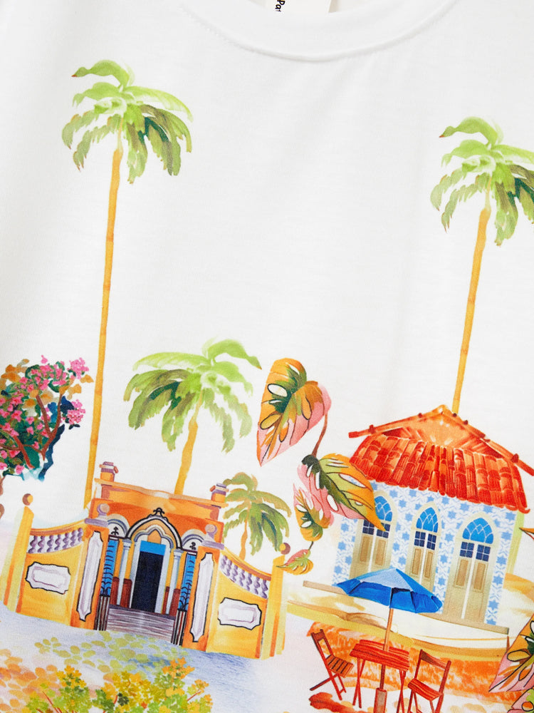 Mommy & me Vacation Set Tropical Pineapple Coconut Tree Print Short-sleeve T-shirt or Hollow out Strap Dress for Summer Vacation White