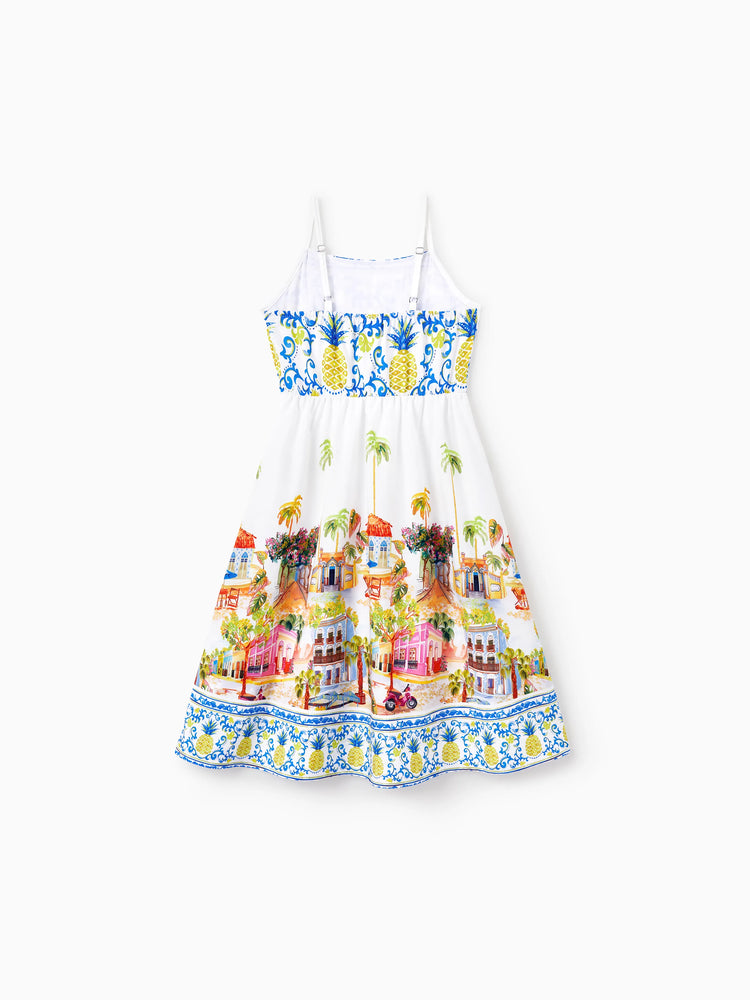 Mommy & me Vacation Set Tropical Pineapple Coconut Tree Print Short-sleeve T-shirt or Hollow out Strap Dress for Summer Vacation White