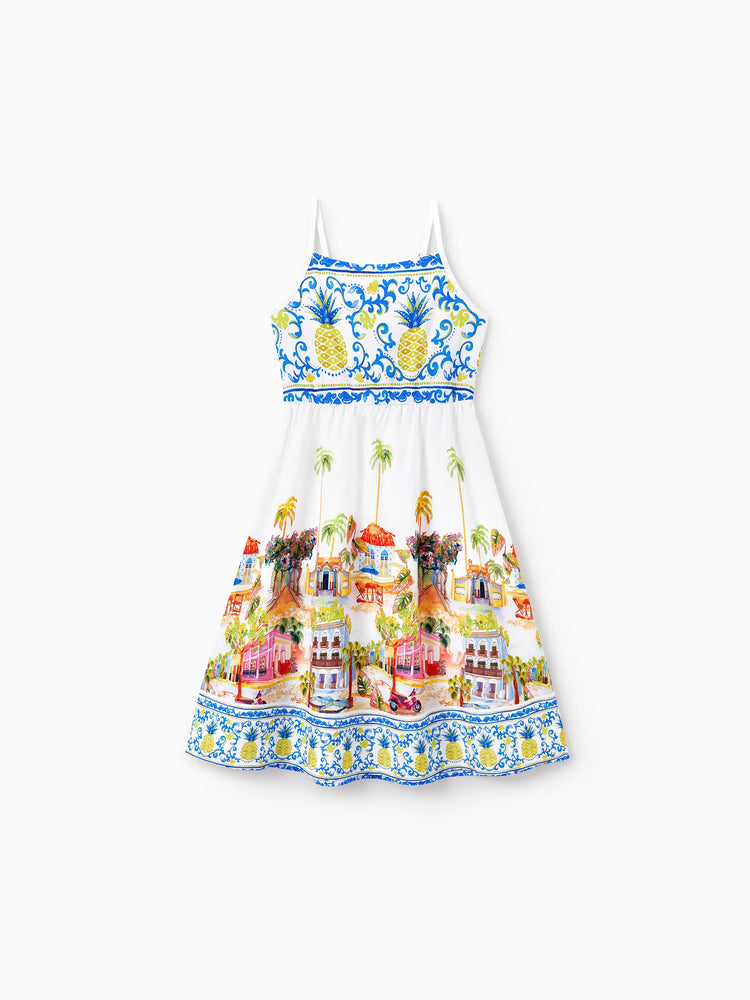 Family Matching Vacation Set Tropical Pineapple Coconut Tree Print Short-sleeve T-shirt or Hollow out Strap Dress for Summer Vacation  White