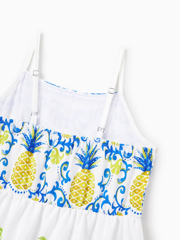 Family Matching Vacation Set Tropical Pineapple Coconut Tree Print Short-sleeve T-shirt or Hollow out Strap Dress for Summer Vacation  White