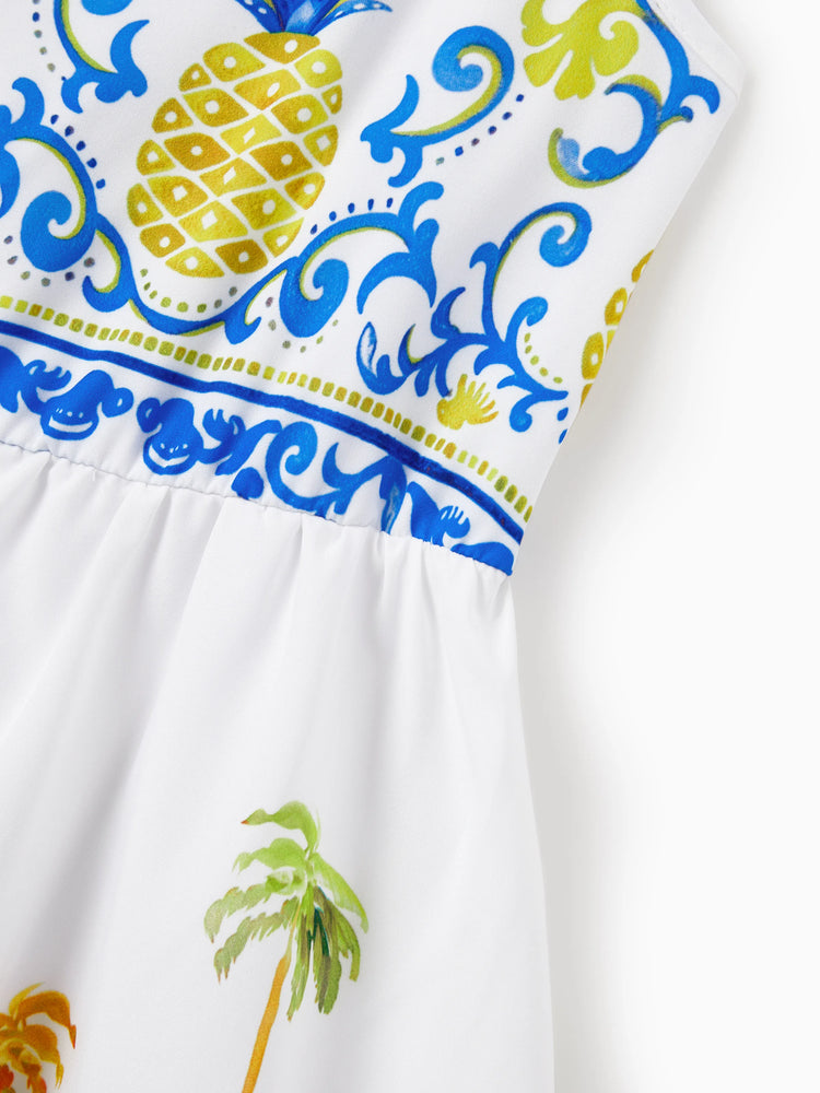 Family Matching Vacation Set Tropical Pineapple Coconut Tree Print Short-sleeve T-shirt or Hollow out Strap Dress for Summer Vacation  White