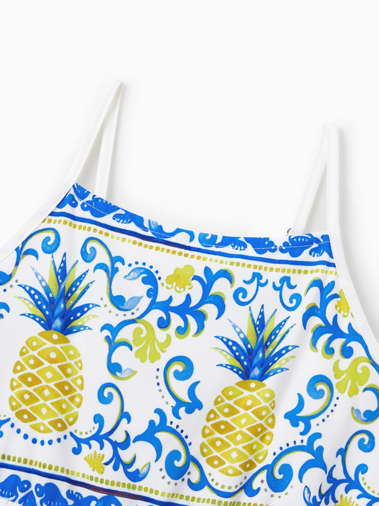 Family Matching Vacation Set Tropical Pineapple Coconut Tree Print Short-sleeve T-shirt or Hollow out Strap Dress for Summer Vacation  White