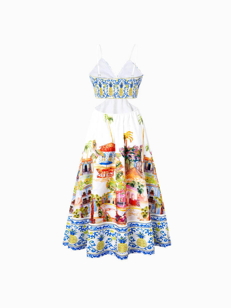 Mommy & me Vacation Set Tropical Pineapple Coconut Tree Print Short-sleeve T-shirt or Hollow out Strap Dress for Summer Vacation White