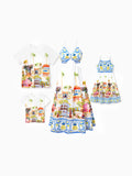 Family Matching Vacation Set Tropical Pineapple Coconut Tree Print Short-sleeve T-shirt or Hollow out Strap Dress for Summer Vacation  White