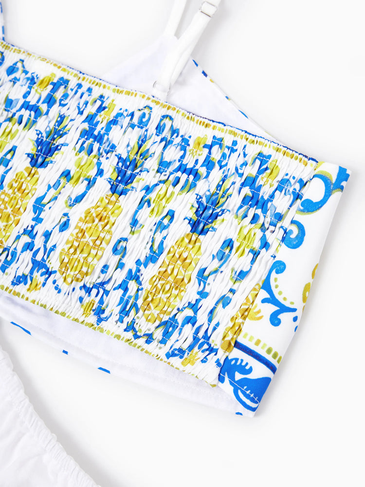 Family Matching Vacation Set Tropical Pineapple Coconut Tree Print Short-sleeve T-shirt or Hollow out Strap Dress for Summer Vacation  White