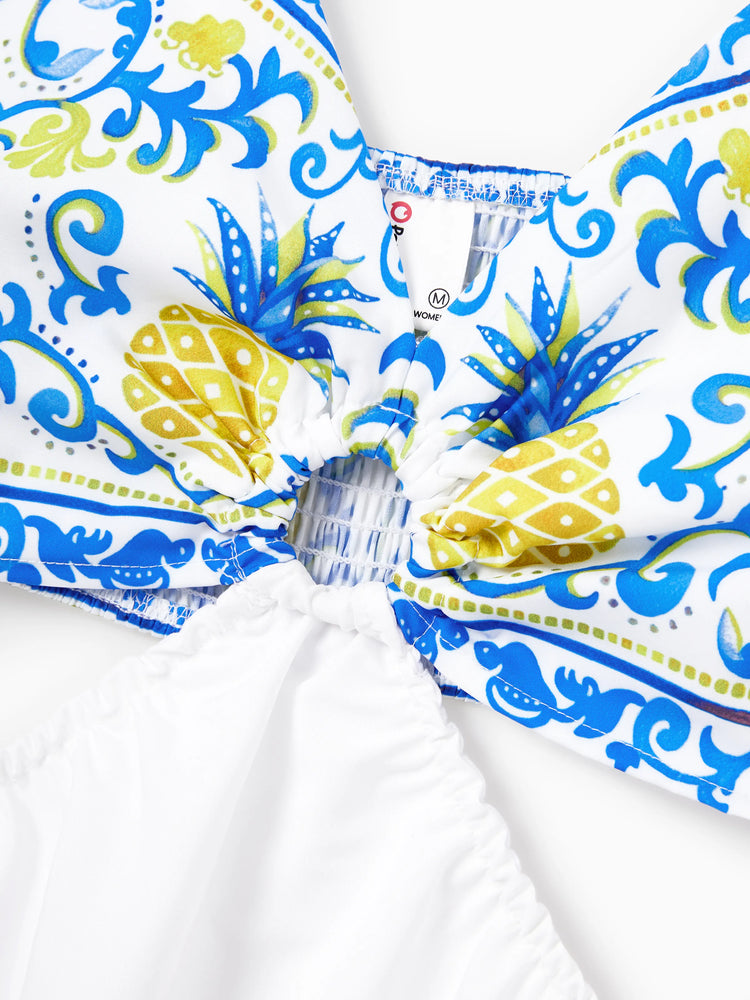 Mommy & me Vacation Set Tropical Pineapple Coconut Tree Print Short-sleeve T-shirt or Hollow out Strap Dress for Summer Vacation White