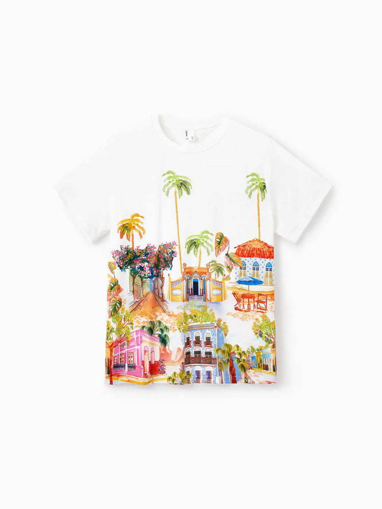 Family Matching Vacation Set Tropical Pineapple Coconut Tree Print Short-sleeve T-shirt or Hollow out Strap Dress for Summer Vacation  White