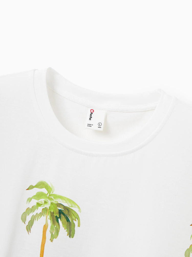Family Matching Vacation Set Tropical Pineapple Coconut Tree Print Short-sleeve T-shirt or Hollow out Strap Dress for Summer Vacation  White