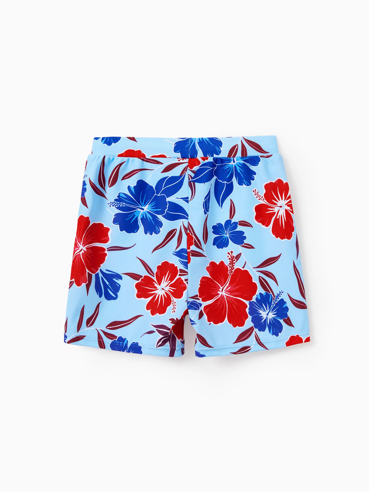 Matching Family Swimwear Floral Print Bikini & Swim Trunks Set for Mom, Dad, & Kids, Perfect for Summer Beach Days & Pool Parties Red