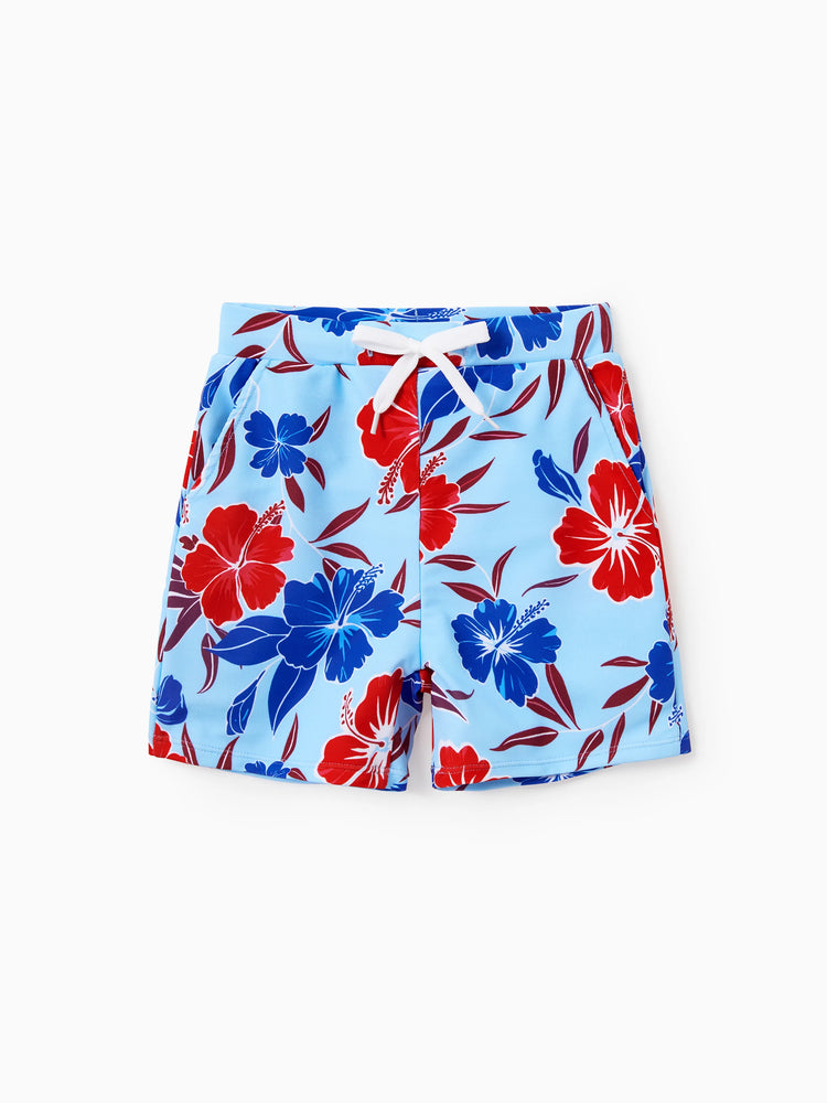 Mommy & me Swimwear Floral Print Bikini & Swim Trunks Set for Mom, Dad, & Kids, Perfect for Summer Beach Days & Pool Parties Red