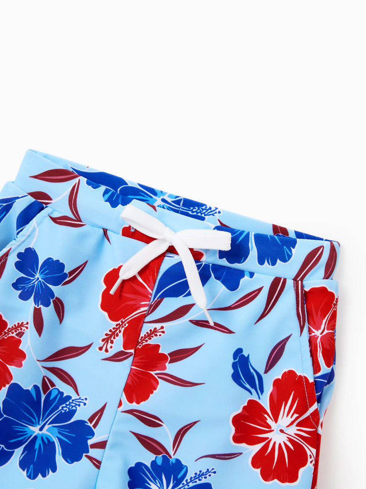 Mommy & me Swimwear Floral Print Bikini & Swim Trunks Set for Mom, Dad, & Kids, Perfect for Summer Beach Days & Pool Parties Red