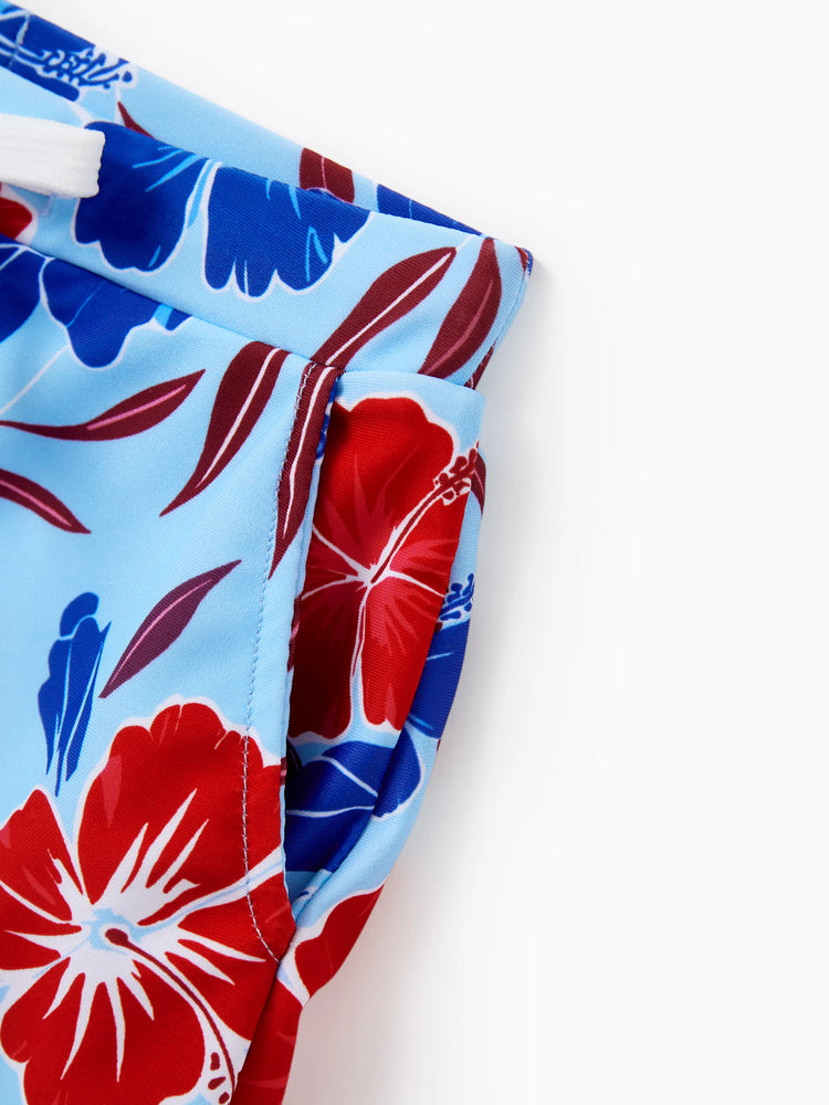 Mommy & me Swimwear Floral Print Bikini & Swim Trunks Set for Mom, Dad, & Kids, Perfect for Summer Beach Days & Pool Parties Red