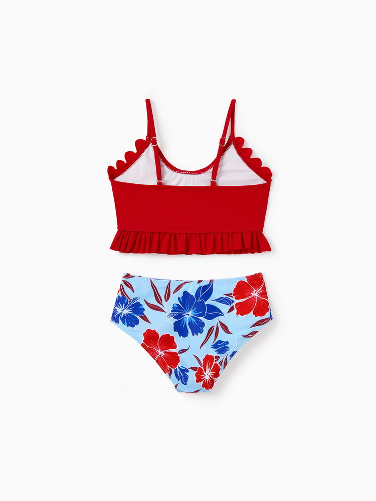 Matching Family Swimwear Floral Print Bikini & Swim Trunks Set for Mom, Dad, & Kids, Perfect for Summer Beach Days & Pool Parties Red
