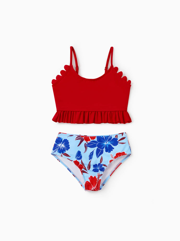 Matching Family Swimwear Floral Print Bikini & Swim Trunks Set for Mom, Dad, & Kids, Perfect for Summer Beach Days & Pool Parties Red