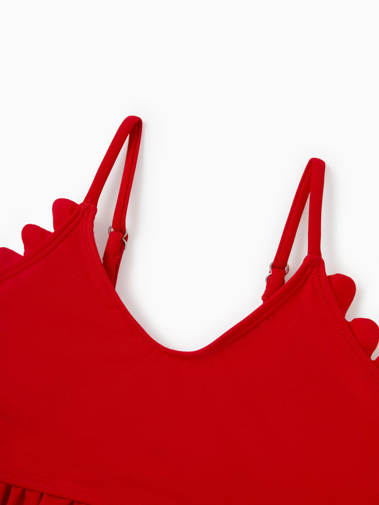 Matching Family Swimwear Floral Print Bikini & Swim Trunks Set for Mom, Dad, & Kids, Perfect for Summer Beach Days & Pool Parties Red